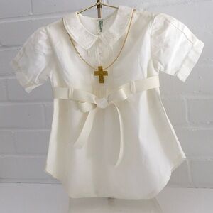 Baby Boy Cream Classic Vintage Short Sleeve Christening Baptism Romper Size 9M